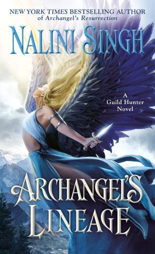 The US cover of Archangel's Lineage by Nalini Singh. Features a white blonde woman with dark blue wings, wearing a rather revealing silvery-blue dress and holding a glowing dagger in her hand, lifting up into sky as if taking flight. In the background is a mountainous region with some of the peaks covered in snow. Please note that though the woman on the cover is meant to represent the protagonist, Elena Deveraux, this depiction is a whitewashed version of her. While she does have very light blonde hair, she has darker skin frequently described as "golden". She is also half-Moroccan, and is thus mixed-race.