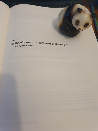 Picture of the open handbook on the side III Development of European Diplomacy - an Overview. On the page sits a small porcelain panda.