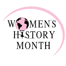 Women's History Month - the words are place one below the other and the i in History is formed like a woman in a dress holding a globe (o in women's) over her head.
Source: https://www.behance.net/gallery/53931195/Womens-History-Month-Logo