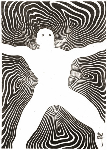 A figure of pure white energy with only small eye holes visible has psychedelic waves emanating from its body.