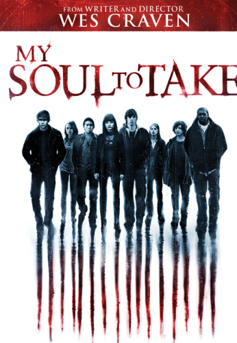 Promo image for "My Soul to Take." Features the teens from the movie standing in a row, with what appears to be scratch marks coming down from their feet. It represents them being killed off one by one, I guess.