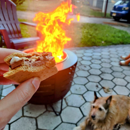 POV: You're sitting by a fire in a steel, smokeless fire pit, on a patio made of hexagonal pavers, enjoying a smore (you've already taken a bite). Your small brown dog waits patiently for gravity to do its thing.