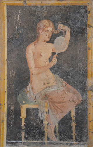 A fresco fragment showing a lady partially dressed, looking at her hair judgementally in a mirror.