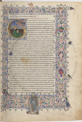 Ott.lat.113 f.2r. A page of humanist script with white-vine borders on all 4 sides.  A single column of text begins with a large initial G, with St. Augustine and a celestial city inside
