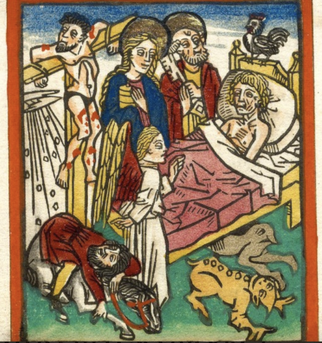 Coloured woodcut of a group of people gathered around a dying man in a bed, a cockerel on the headboard, demons below the bed, and a man on a horse at the foot. Christ is tied to a cross in the top left, with a black pen-line drawing behind him: lines ending in circles, coming down from lightning/wing shapes.