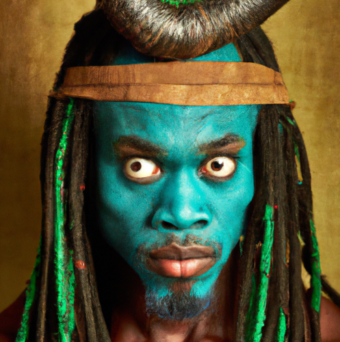 Representation of Ekwensu, his face painted in turquoise. He wears a yellow headband and green ribbons in his braided hair.