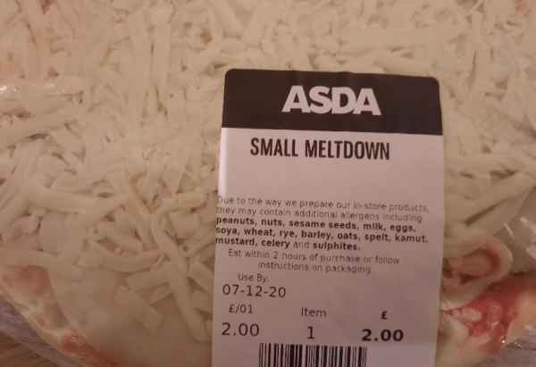 Photo of plain Asda pizza with cheese, labelled as “small meltdown”. 