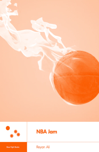 The image features a stylized book cover for "NBA Jam" by Reyan Ali, part of the Boss Fight Books series. The book cover has a minimalist design with a peach to light orange gradient background. In the center is an image of a basketball with a dynamic, white smoke-like effect trailing behind it, which gives the sense of motion as if the ball is moving fast or being thrown with great force. The smoke effect is also reminiscent of the visual style often associated with the 'NBA Jam' video game, which is known for its over-the-top, arcade-style basketball gameplay.

The lower third of the image contains the title "NBA Jam" in bold, capitalized, sans-serif typeface, with the author's name, "Reyan Ali," directly below it in a smaller font. The bottom left corner has the Boss Fight Books logo, which consists of three small circles above a larger circle, suggesting an abstract representation of a game controller or gaming elements.