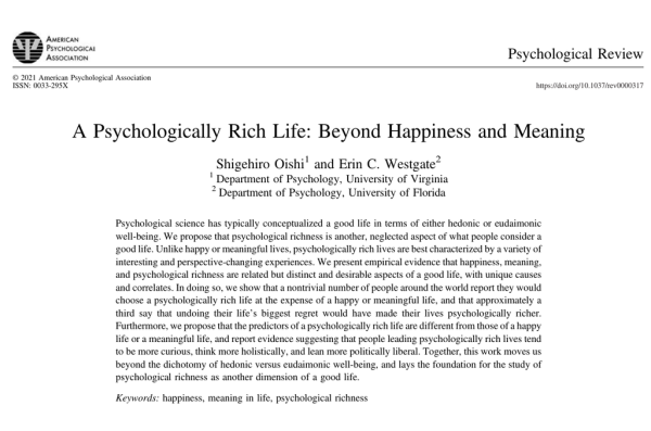 Screenshot of APA journal article "A Psychologically Rich Life - Beyond Happiness and Meaning"