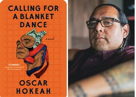 To the left, a bookcover, orange background, in the center a man's face and neck in three sections, from the crown of his head a spill of dollar bills (the blanket dance) and out of his lower face a red streamer symbolizing his Kiowa ancestry. Title Calling for a Blanket Dance above, author Oscar Hokeah below. to the right the author, braided dark hair, dark glasses, tatooed forearm. 