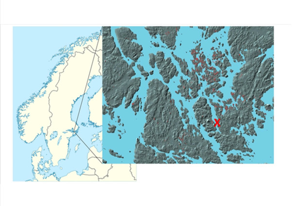 Map of Scandinavia and the location of the area of investigation, with sea level set to a situation corresponding to the beginning of the Early Iron Age