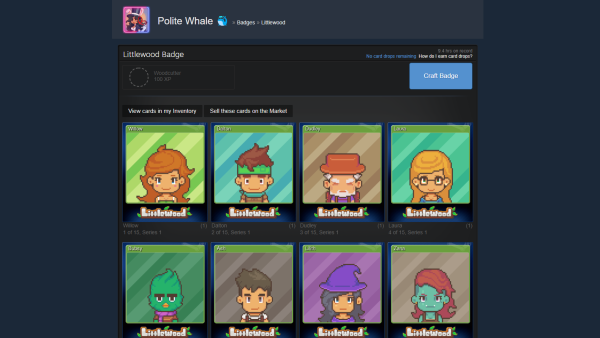 A screenshot of the Steam web client, showing the Steam trading card for the game Littlewood.

Each card shows a different character from the game with stripped coloured backgrounds. The game has a total of 15 trading cards, which leads to the question of how many trading cards should a Steam game have.