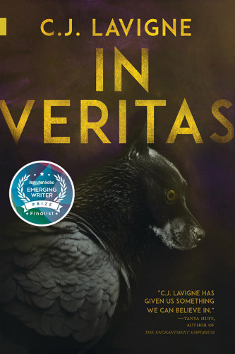 "In Veritas" by C.J. Lavigne. Rokuten Kobo Emerging Writer Prize Finalist. Text in worn-yellow on a brown background. A surreal artist bust in profile of a vacant-eyed black dog's head upon vaguely grey-feathered shoulders.