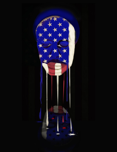 Illustration of a head that resembles a theater mask painted like the US flag. The patriotic colors on the face are melting away, as if it's shedding tears. The drops of red white and blue trip down onto the reflection of the mask, on the floor.
