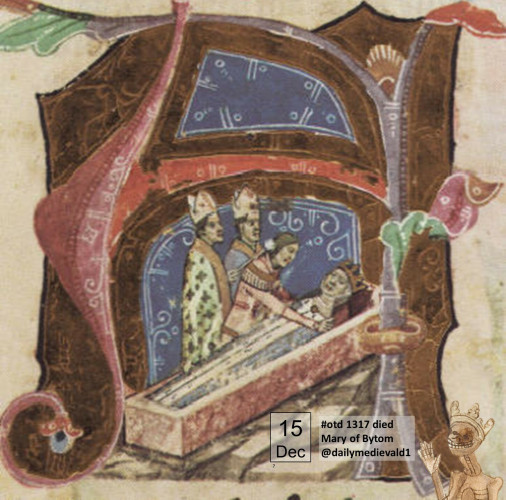 The picture shows Mary, crowned and wrapped in a blue cloak, being placed in an open coffin. Two bishops and one other person are present.