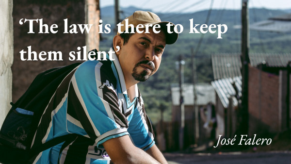 A portrait of the writer José Falero with a quote from his podcast interview: 'The law is there to keep them silent'