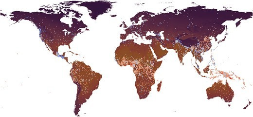 Global distribution of MSIs across 9,179 language varieties from the ASJP database. Color of dots represents the MSI of the language, with redder dots indicating higher and bluer dots indicating lower indices. The fill color of land areas represents the mean annual temperature.