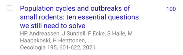 Screenshot from Google Scholar, showing the paper "Population cycles and outbreaks of small rodents: ten essential questions we still need to solve" with 100 citations.