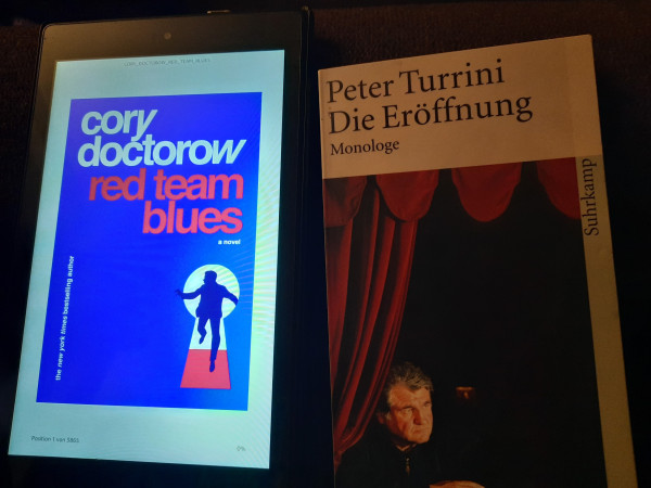 Zwei Titelbilder der beiden Bücher. Red Team Blues mit Schlüsselloch, Die Eröffnung mit Mann am Vorhang 