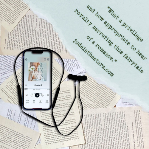 On a backdrop of book pages, an iPhone with the cover of These Thin Lines by Milena McKay, narrated by Abby Craden. In the top right corner of the image, a strip of torn paper with a quote: "What a privilege and how appropriate to hear royalty narrating this fairytale of a romance." and a URL: judeinthestars.com.