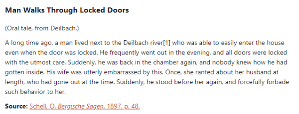 German folk tale "Man Walks Through Locked Doors". Drop me a line if you want a machine-readable transcript!