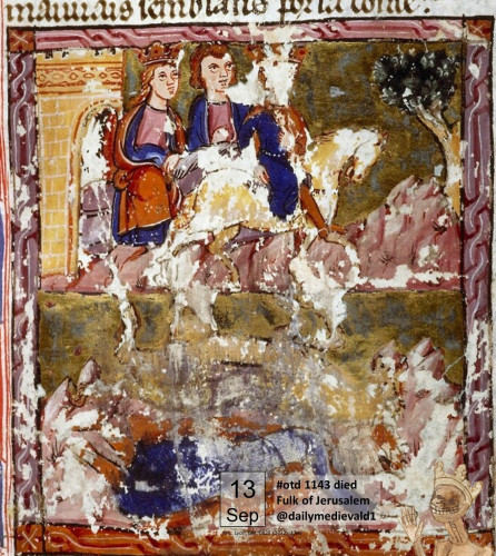 A damaged image from a medieval manuscript: at the top you can see Fulk riding a horse, at the bottom you can see him lying on the ground.