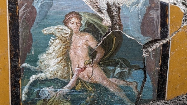 fresco of nude boy apparently flying, with his arm around a sheep's neck