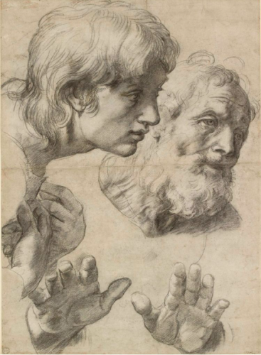 Raphael, The Heads and Hands of Two Apostles (ca. 1519-20), a preparatory study for the Transfiguration altarpiece in the Vatican.
