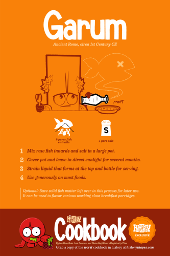 A recipe card for Garum. Robbie, an orange rectangle, is dressed like a Roman. He pours a bottle on his soup and a cloud shaped like a dead fish appears above. He is a little freaked out by it. 

Below him, are two illustrations of ingredients: a fish with its entrails spilling out, and a salt shaker.

Copy reads:
Garum
Ancient Rome, circa 1st Century CE
    
9 parts fish entrails
1 part salt

    Mix raw fish innards and salt in a large pot.
    Cover pot and leave in direct sunlight for several months.
    Strain liquid that forms at the top and bottle for serving.
    Use generously on most foods.

Optional: Save solid fish matter left over in this process for later use. It can be used to flavor various working class breakfast porridges.

Grab a copy of the worst cookbook in history at historyshapes.com