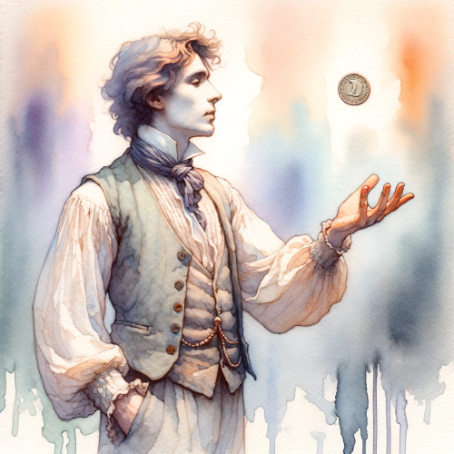 Watercolor of a "poet" flipping a coin.