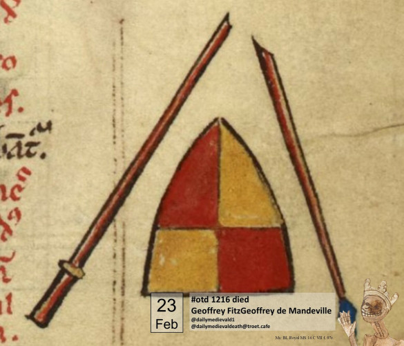 The picture shows an upside down red and yellow coat of arms and a broken lance.