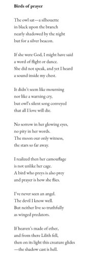 Birds of prayer The owl sat —a silhouette in black upon the branch nearly shadowed by the night but for a silver beacon. If she were God, I might have said a word of flight or dance. She did not speak, and yet I heard a sound inside my chest. It didn't seem like mourning nor like a warning cry, but owl's silent song conveyed that all I love will die. No sorrow in her glowing eyes, no pity in her words. The moon our only witness, the stars so far away. I realized then her camouflage is not unlike her cage. A bird who preys is also prey and prayer is how she flies. I've never seen an angel. The devil I know well. But neither live so truthfully as winged predators. If heaven's made of ether, and from there Lilith fell, then on its light this creature glides —the shadow cast is hell.