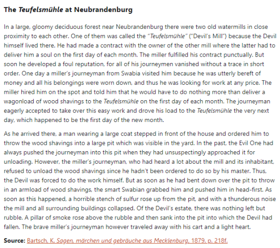 German folk tale "The Teufelsmühle at Neubrandenburg". Drop me a line if you want a machine-readable transcript!