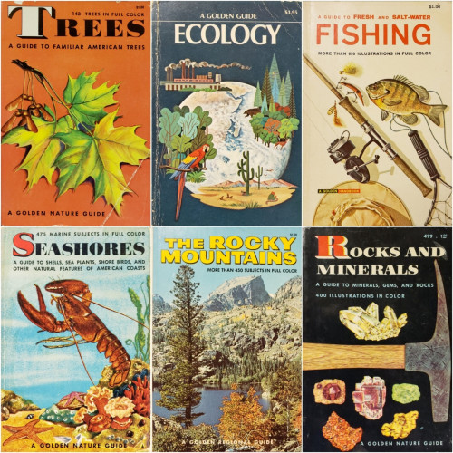 A grid of six pocketable books from the classic Golden Guide series, as follows:

1. 143 TREES IN FULL COLOR.
"TREES – A GUIDE TO FAMILIAR AMERICAN TREES."
A GOLDEN NATURE GUIDE.
An illustration of green leaves against an autumn orange background.

2. A GOLDEN GUIDE.
"ECOLOGY."
An illustration of the Earth surrounded by images of an industrial facility, a verdant Northern forest with a deer & a bear, a Southwest desert with cacti, prairie dogs and other wildlife, and a mountain range in the distance, and a tropical forest with a colorful parrot.

3. "A GUIDE TO FRESH AND SALT-WATER FISHING."
MORE THAN 650 ILLUSTRATIONS IN FULL COLOR.
A GOLDEN HANDBOOK.
An assortment of fishing gear and a caught fish adorns this cover.

4. 475 MARINE SUBJECTS IN FULL COLOR.
"SEASHORES – A GUIDE TO SHELLS, SEA PLANTS, SHORE BIRDS, AND OTHER NATURAL FEATURES OF AMERICAN COASTS."
A GOLDEN NATURE GUIDE.
An illustration of a lobster swimming near sea anemone, corals, and starfish above a sandy sea floor.

5. "THE ROCKY MOUNTAINS."
MORE THAN 450 SUBJECTS IN FULL COLOR.
GOLDEN REGIONAL GUIDE.
A photo cover of an autumn scene in the Rockies including scrub brush and pine trees near a clear blue lake below a rocky ridge.
Illustrated with a prospecting hammer surrounded by a handful of varied and colorful gems, rocks, & minerals.

6. "ROCKS AND MINERALS – A GUIDE TO MINERALS, GEMS, AND ROCKS."
400 ILLUSTRATIONS IN COLOR.
A GOLDEN NATURE GUIDE.