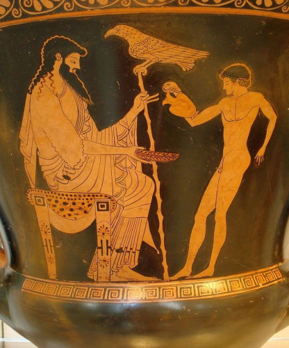 Zeus is seated on his throne, a sceptre or walking stick in hand with an eagle perched on top of it. He is holding out his hand with a bowl. Ganymedes stands naked before him, filling the bowl from a small jug.