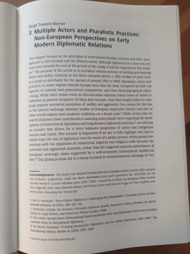 First page of the chapter " Multiple Actors and Pluralistic Practices:Non-European Perspectives on Early Modern Diplomatic Relations" by Birgit Tremml-Werner.