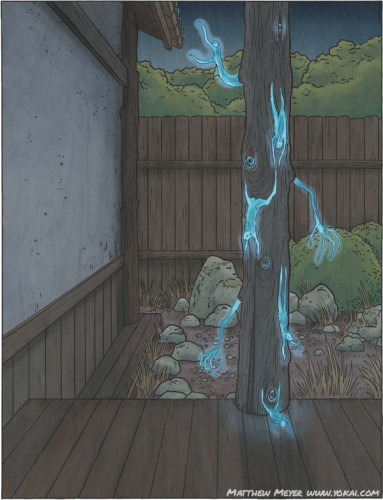 Illustration by Matthew Meyer depicting a pillar with blue spirits leaping from it.
