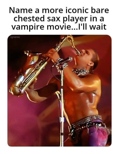 Name a more iconic bare chestednsax player in a vampire movie... I'll wait.

[Image of Tim Cappello playing his sax in The Lost Boys]