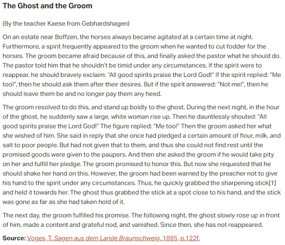 German folk tale "The Ghost and the Groom". Drop me a line if you want a machine-readable transcript!