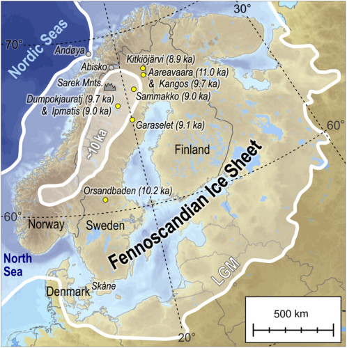 "Maximum extent of the Fennoscandian Ice Sheet during the Last Glacial Maximum (LGM) around 20 cal. ka BP and ice sheet extent around 10 cal. ka BP (modified from Hughes et al. 2016"