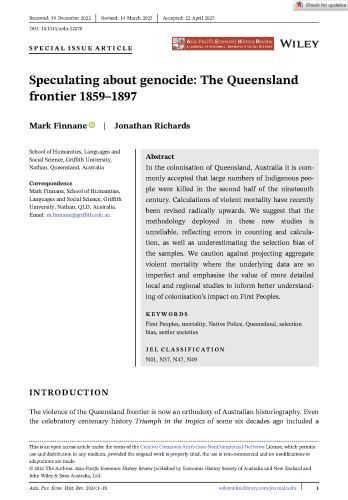 first page of Mark Finnane and Jonathan Richards, "Speculating about genocide: The Queensland frontier 1859–1897", just published open access in the Asia-Pacific Economic History Review https://doi.org/10.1111/aehr.12278