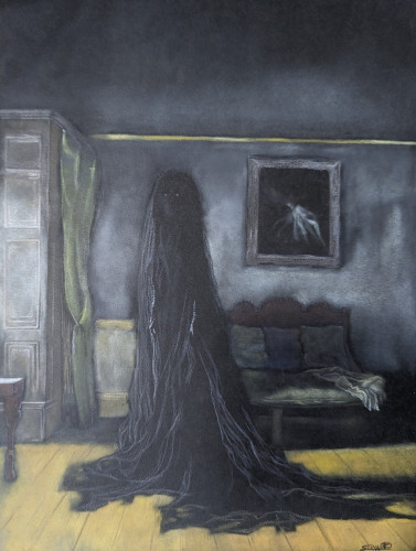 A piece inspired by an AI generated image that was circulating around. A woman in black stands in the center of a room with a bed behind her and a creepy painting on the wall.