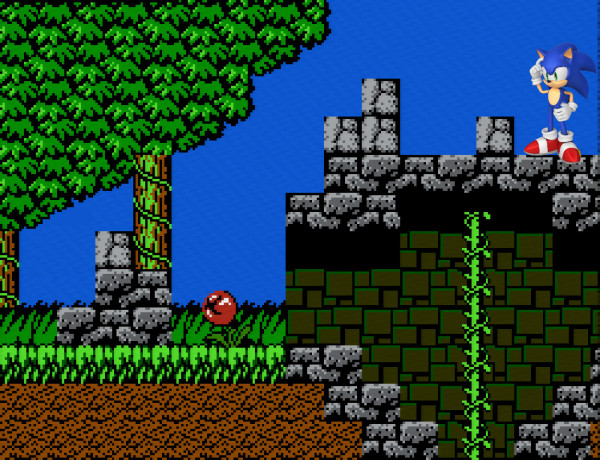 2D environment of a forest with stone walls, a flesh-eating plant and a rope leading into the underground.