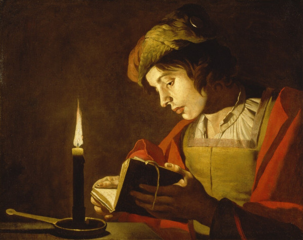 "Matthias Stom: A Young Man Reading at Candlelight. 

Matthias Stom was one of the many Dutch artists who travelled to Rome in the early 17th century. There they were strongly influenced by Caravaggio’s use of light and shadow. They often painted night scenes with figures rendered realistically in artificial light. Stom depicts a young man reading by candlelight. His concentration offers an image of contemporary concepts of diligence and virtue. The painting provided an aesthetic as well as a contemplation experience."

