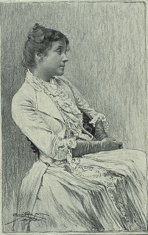 A sketched portrait of Duse from early in her career. She sits, looking directly to the viewer's right wearing a Victorian gown with ruffles/lace down the front. Her hair is pulled up and back and she wears elbow length gloves.