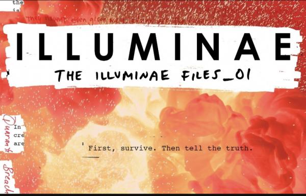The ebook cover of Illuminae Files_01. Streaks of scattered black and red text on white paper like a collage of files.  The background is read and orange, beneath the title: "First survive.  Then tell the truth."