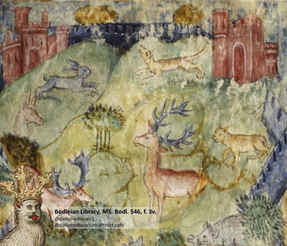 Picture from a medieval manuscript: A cat among other animals