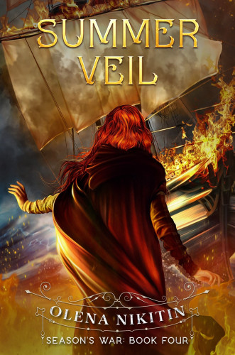 Book cover artwork. A red haired woman is facing away from us, looking towards a burning sailboat. The woman is wearing a long dark cloak.