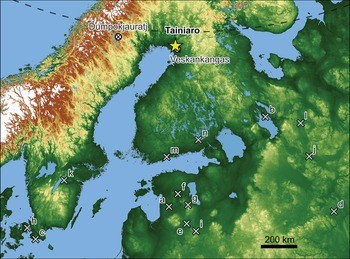 Distribution of Stone Age cemeteries in northern Europe and other sites mentioned in the text (DIVA-GIS elevation model). Letters refer to sites described in Table 2 (figure by Aki Hakonen).