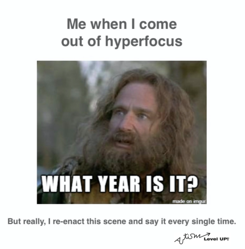 A picture of a man is shown with long hair and a long scraggly beard. He has a look of puzzlement on his face. A title caption reads, “Me when I come out of hyperfocus.” A caption on the picture reads, “What year is it?”. A caption at the bottom reads, “But really, I re-enact this scene and say it every single time”. 